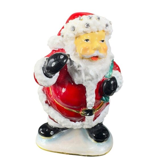 Santa Claus Christmas Enamel Over Metal Bejeweled Hinged Trinket Box Pill Box - Picture 1 of 13